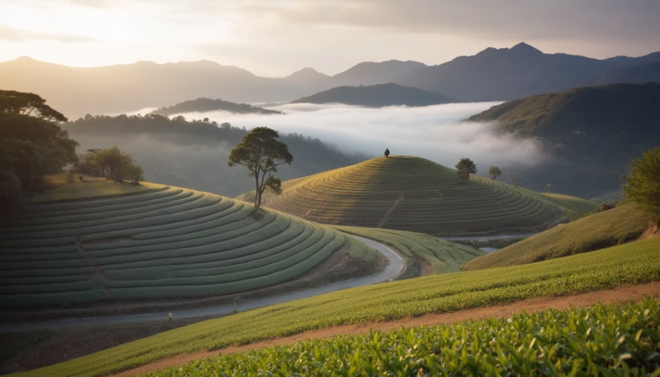 A breathtaking tea plantation at golden hour, with lush green tea bushes arranged in smooth, rolling terraces across misty hills. Soft sunlight filters through light morning fog, creating a warm, peaceful glow. A narrow path winds through the plantation, and distant mountains rise in the background.
